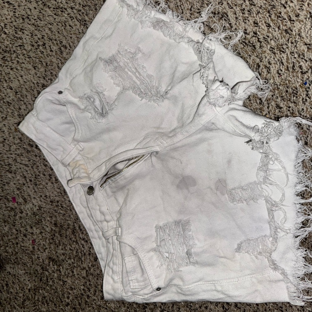 SHEIN White Distressed Jean Shorts Frayed Hem